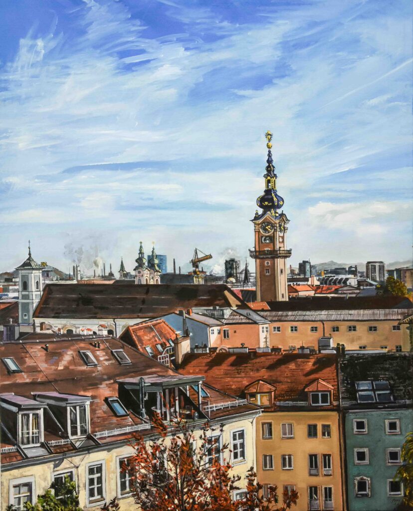 A view of the city of Linz in the Upper Austria region. The composition was taken from the terrace of the city museum.